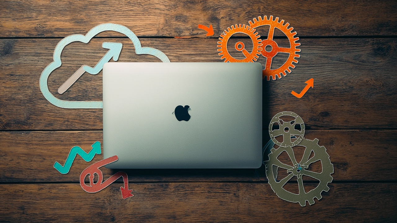 노트북과 클라우드, 기어, 회로, 흐름도 화살표로 표현한 AI DevOps 자동화 환경 평면 이미지
