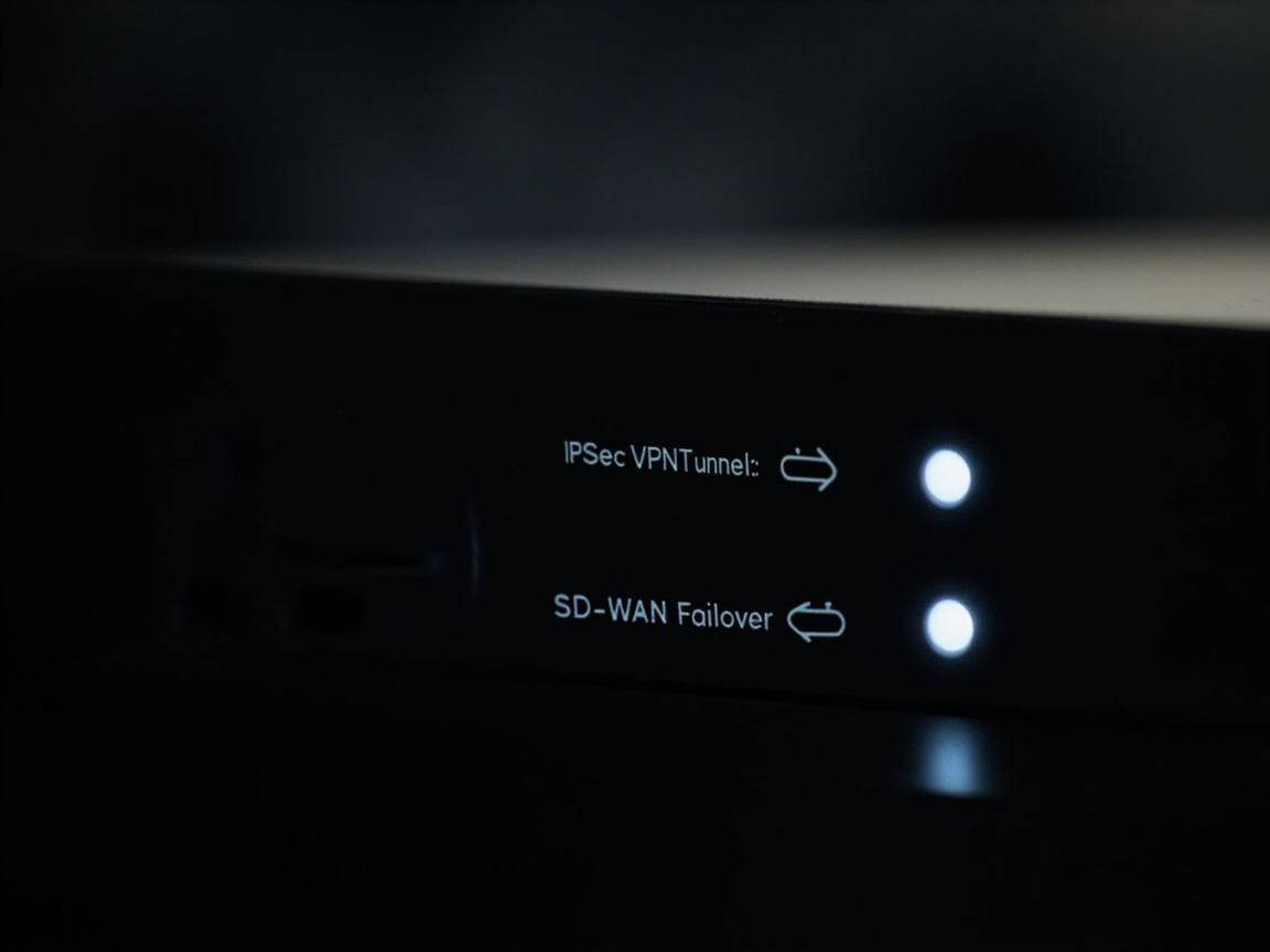 FortiGate 방화벽 이중 IPsec VPN 터널 LED와 SD-WAN 페일오버 표시등이 빛나는 측면 클로즈업