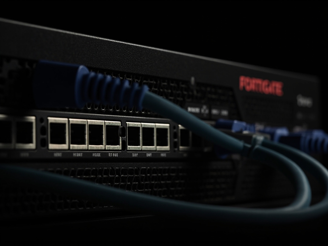 FortiGate 방화벽 장비 측면 클로즈업 사진과 이더넷 케이블 연결 모습